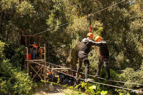 dos hombres haciendo ruta de cuerdas altas