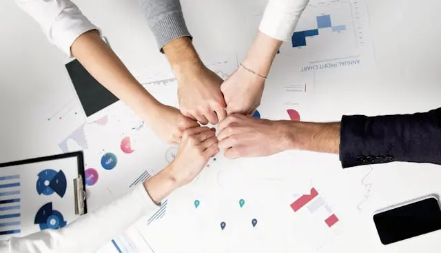 varias personas aplicando las 5C del trabajo en equipo