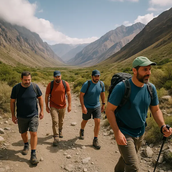 varios papás haciendo trekking por su dia