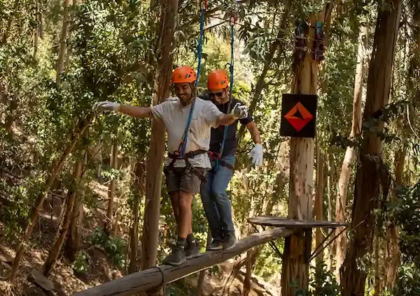 dos hombres con arnés en puente colgante