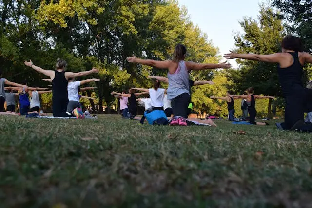 varias personas haciendo yoga al aire libre